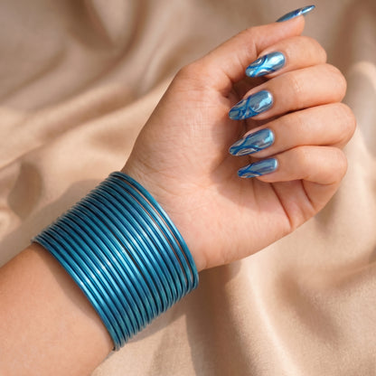 Sky Blue Plain Metal Bangles – 24 Piece Indian Jewellery Churi Set