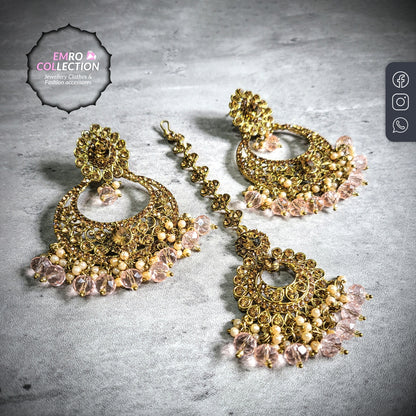 Baby Pink Earrings Tikka Set displayed together showing soft colour