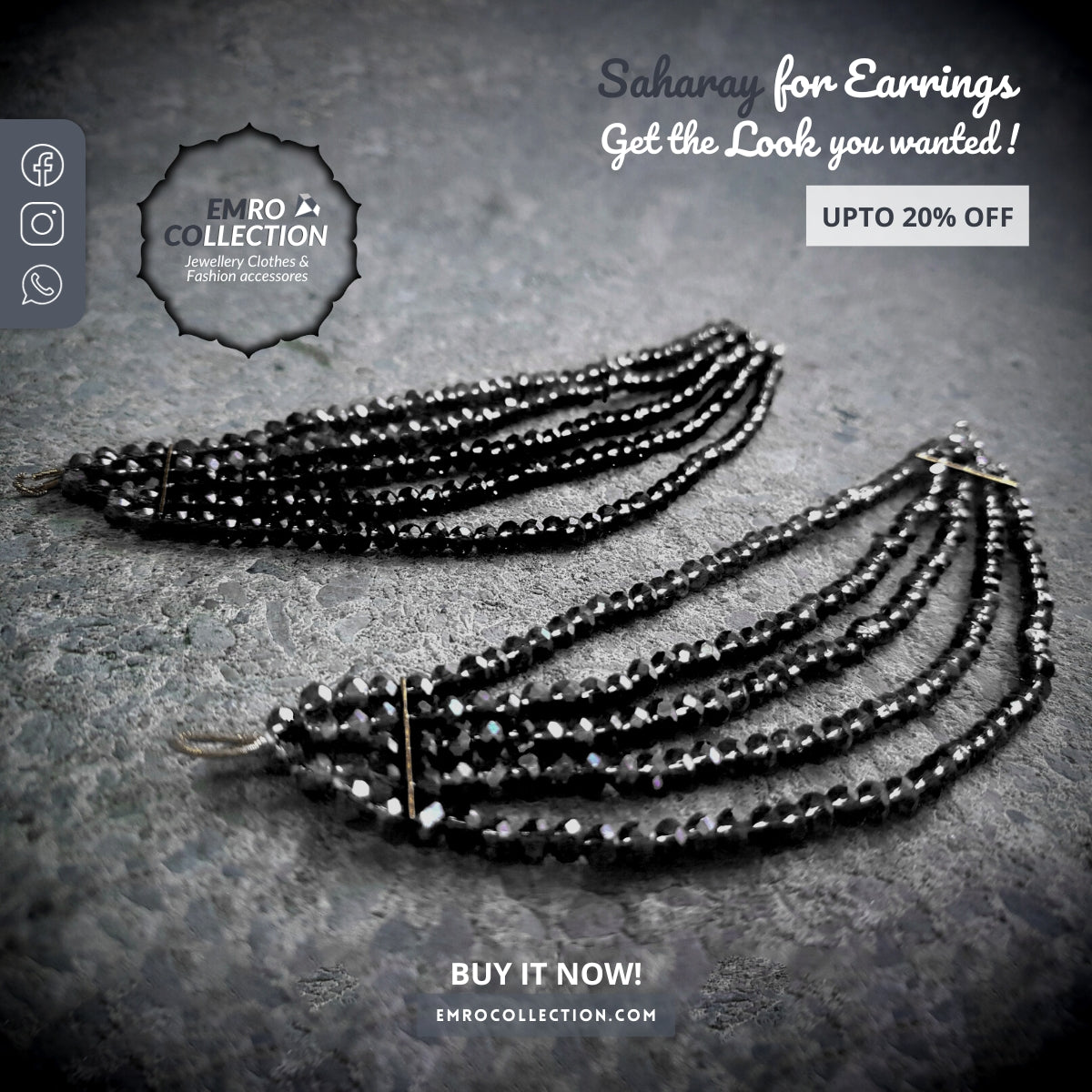 Handcrafted black Saharay bridal ear chains with detachable 6-inch kaan chain, perfect for Indian bridal and cultural festive wear.