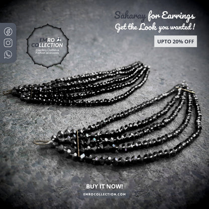 Handcrafted black Saharay bridal ear chains with detachable 6-inch kaan chain, perfect for Indian bridal and cultural festive wear.