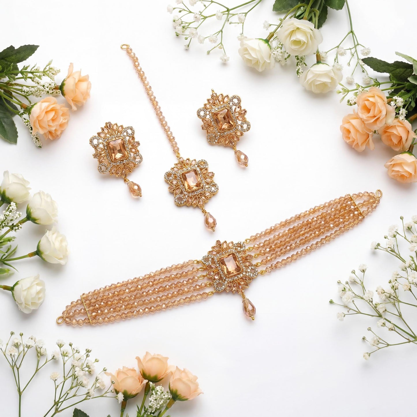 simple golden choker set with earrings and maang tikka high end pakistani jewellery