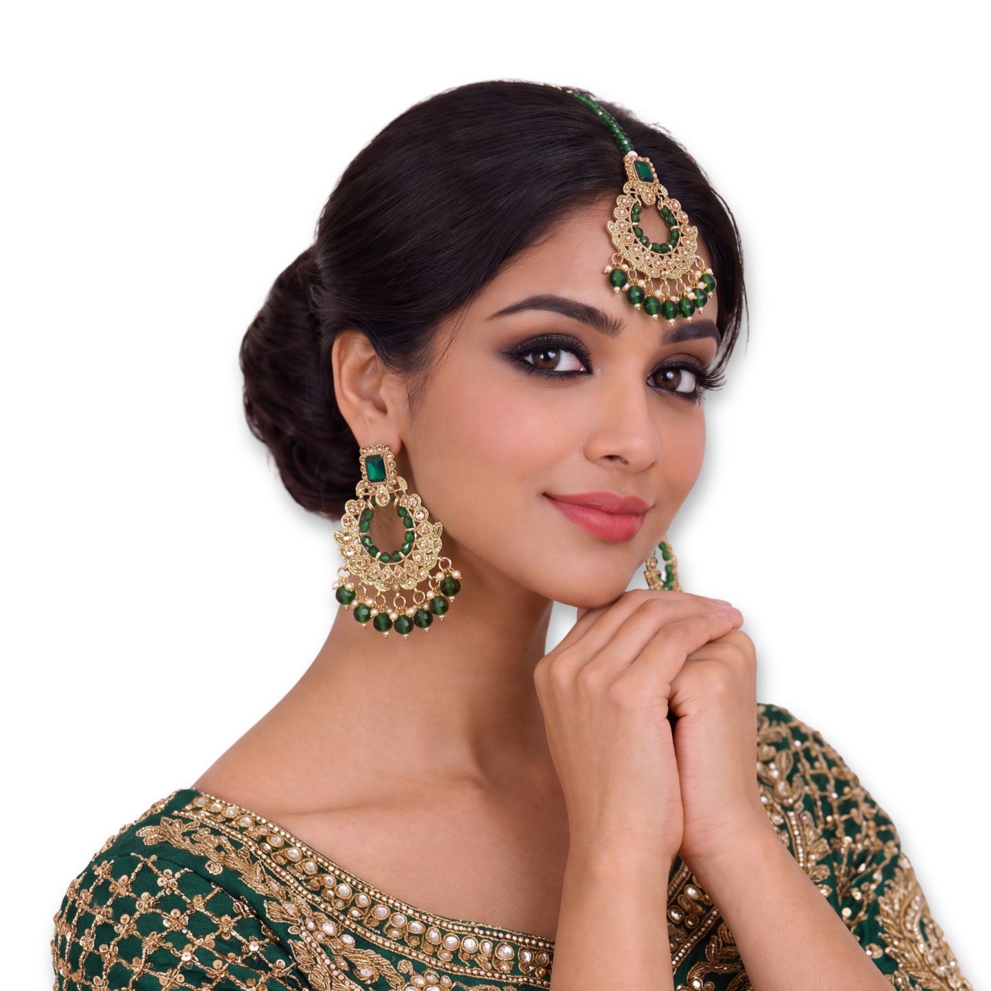 golden green earrings and mang tikka set