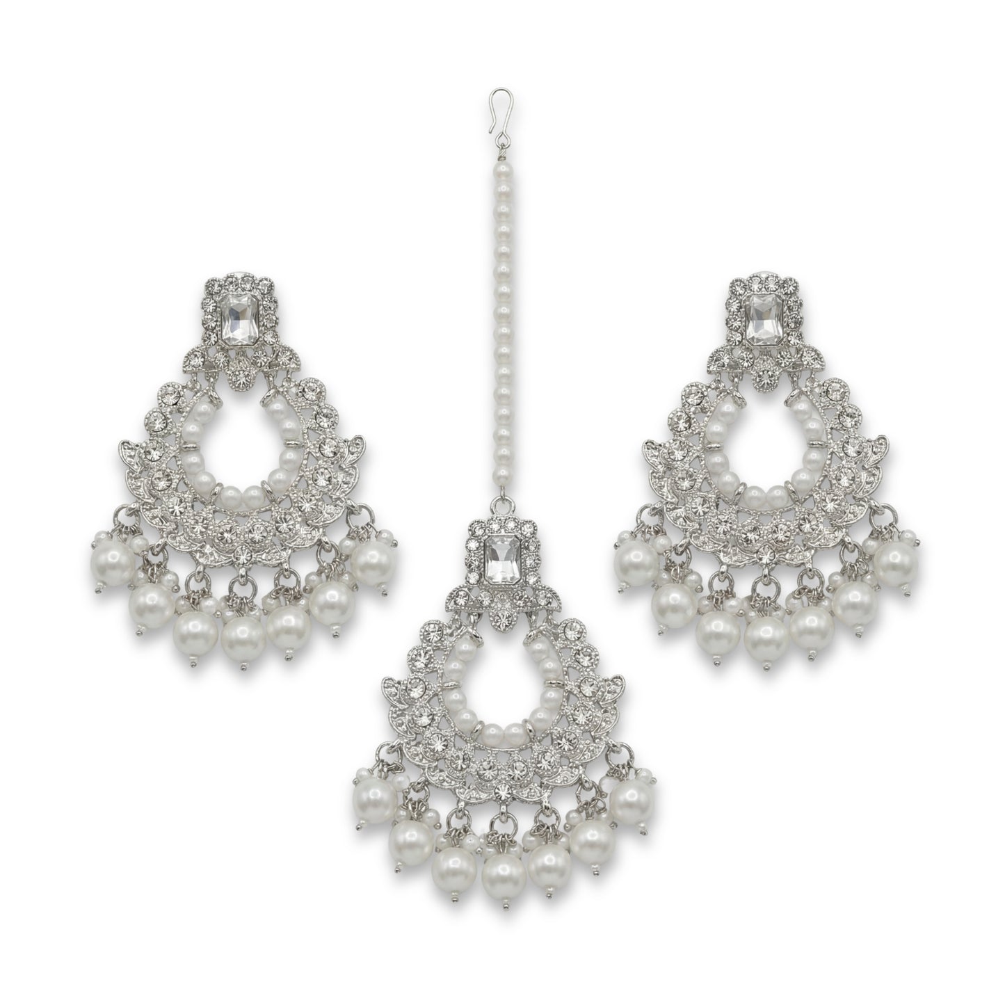 silver white earrings maang tikka set indian jewellery set