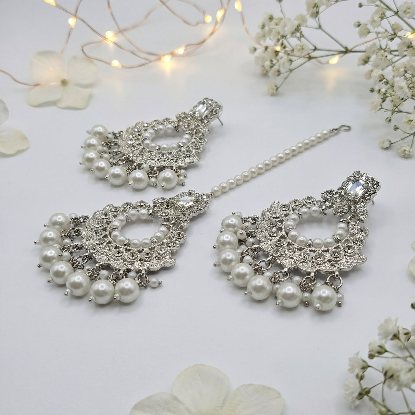 silver white earrings maang tikka set indian jewellery set
