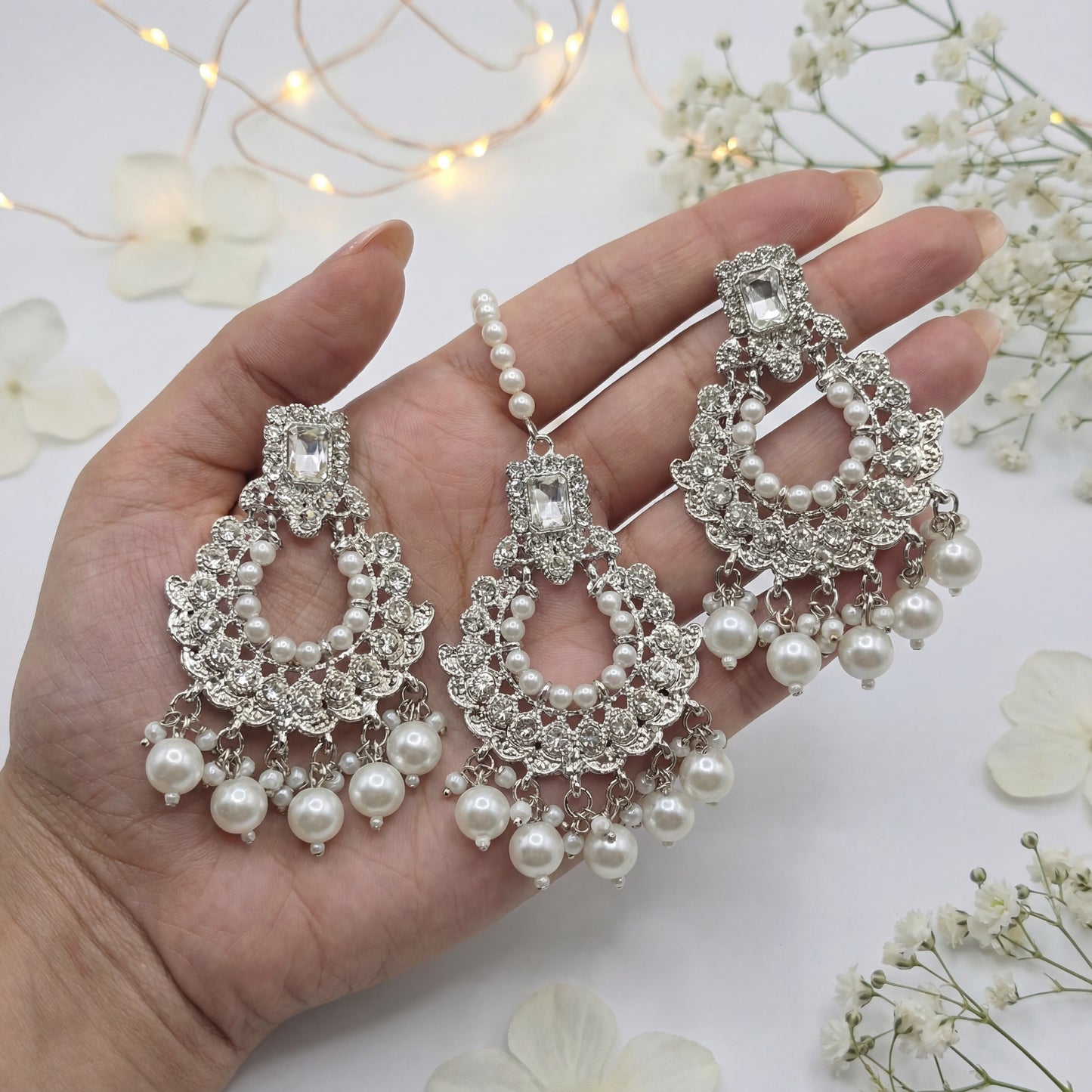 silver white earrings maang tikka set indian jewellery set
