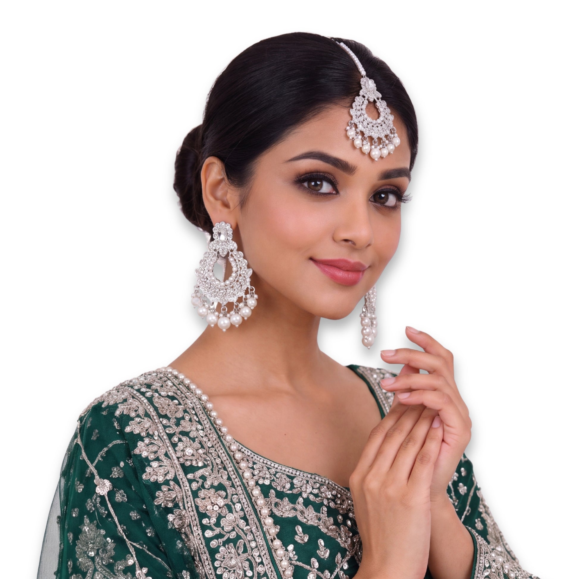 Silver White Earrings maang tikka set indian jewellery set