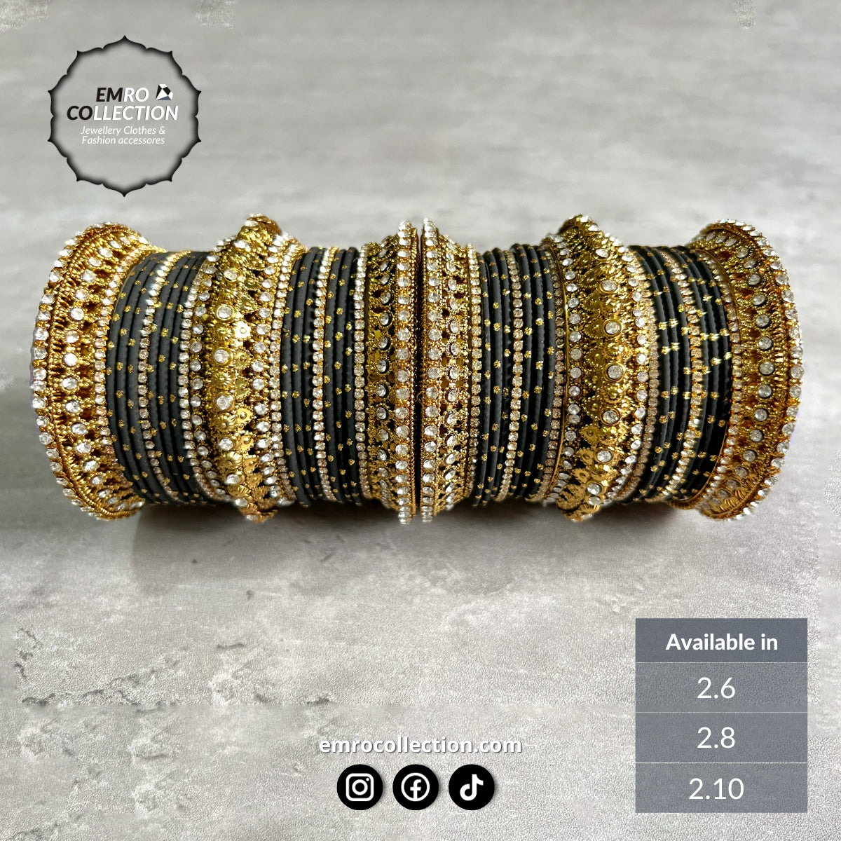 elegant black bridal bangles with gold embellishments, ideal for weddings and parties. available in 2.6, 2.8, and 2.10 sizes