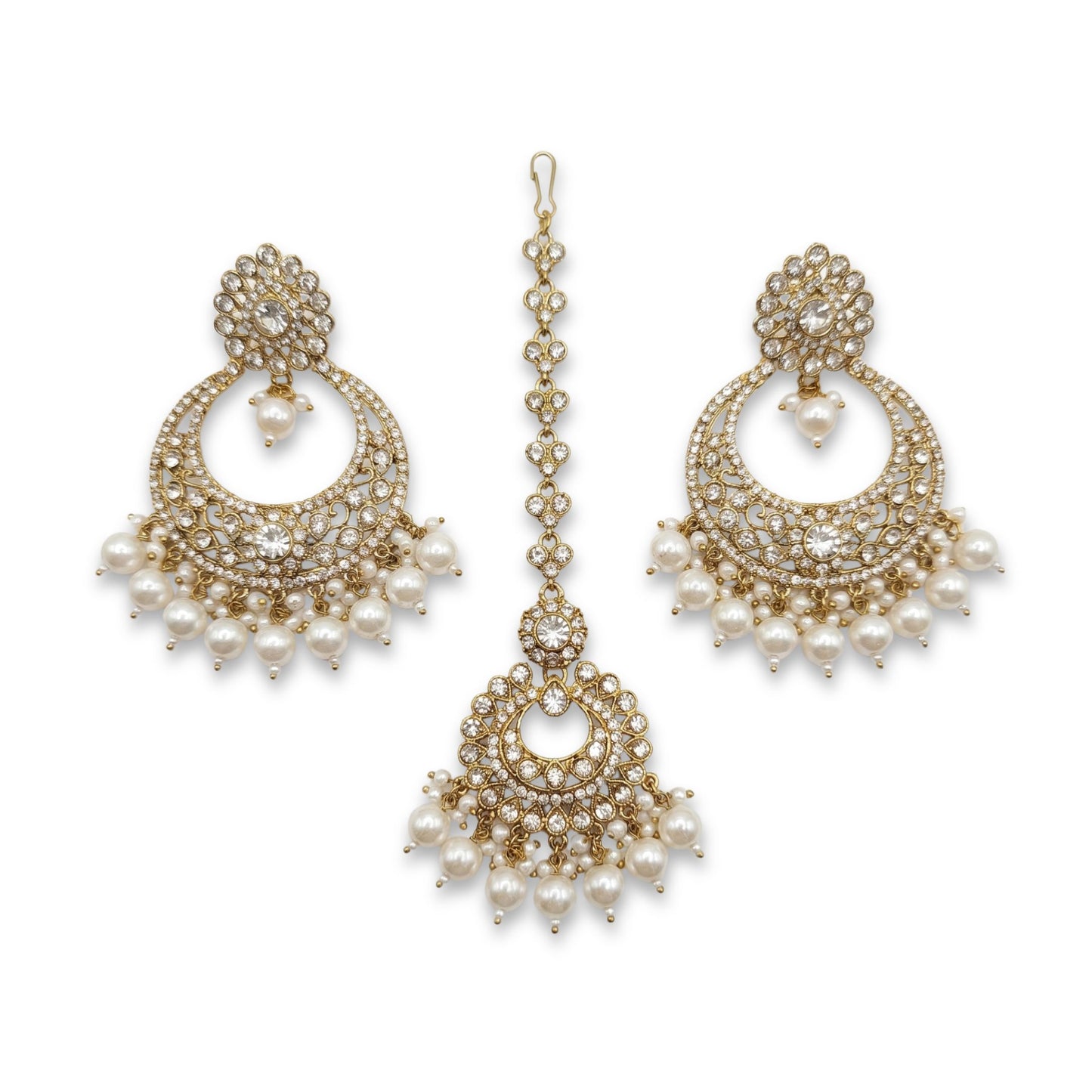 white pearls golden earrings tikka jewellery set 