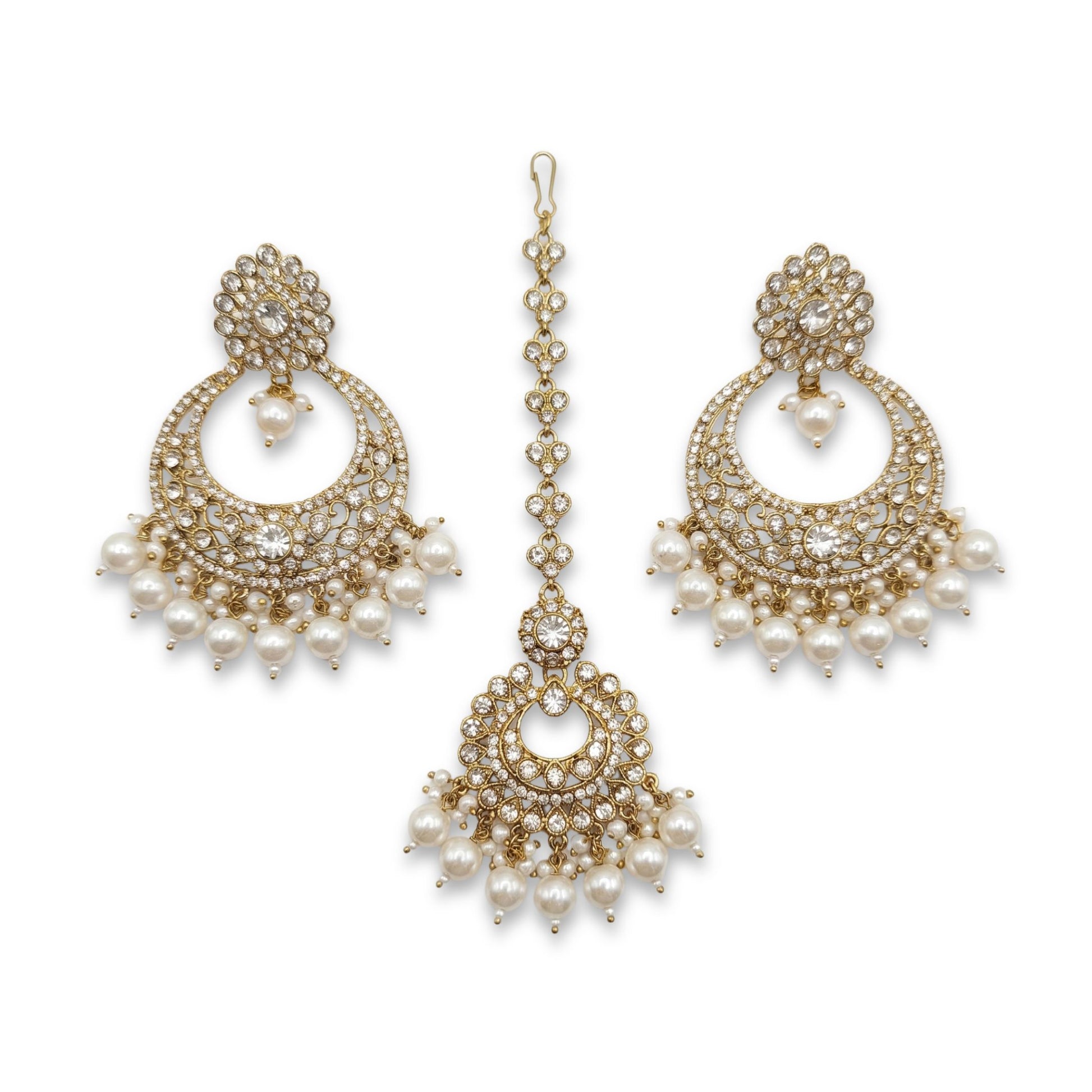 White Pearls Golden Earrings Tikka Jewellery Set 