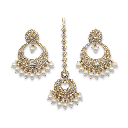 White Pearls Golden Earrings Tikka Jewellery Set 