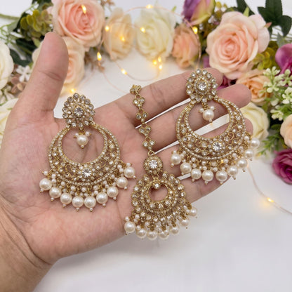 White Pearls Golden Earrings Tikka Jewellery Set 