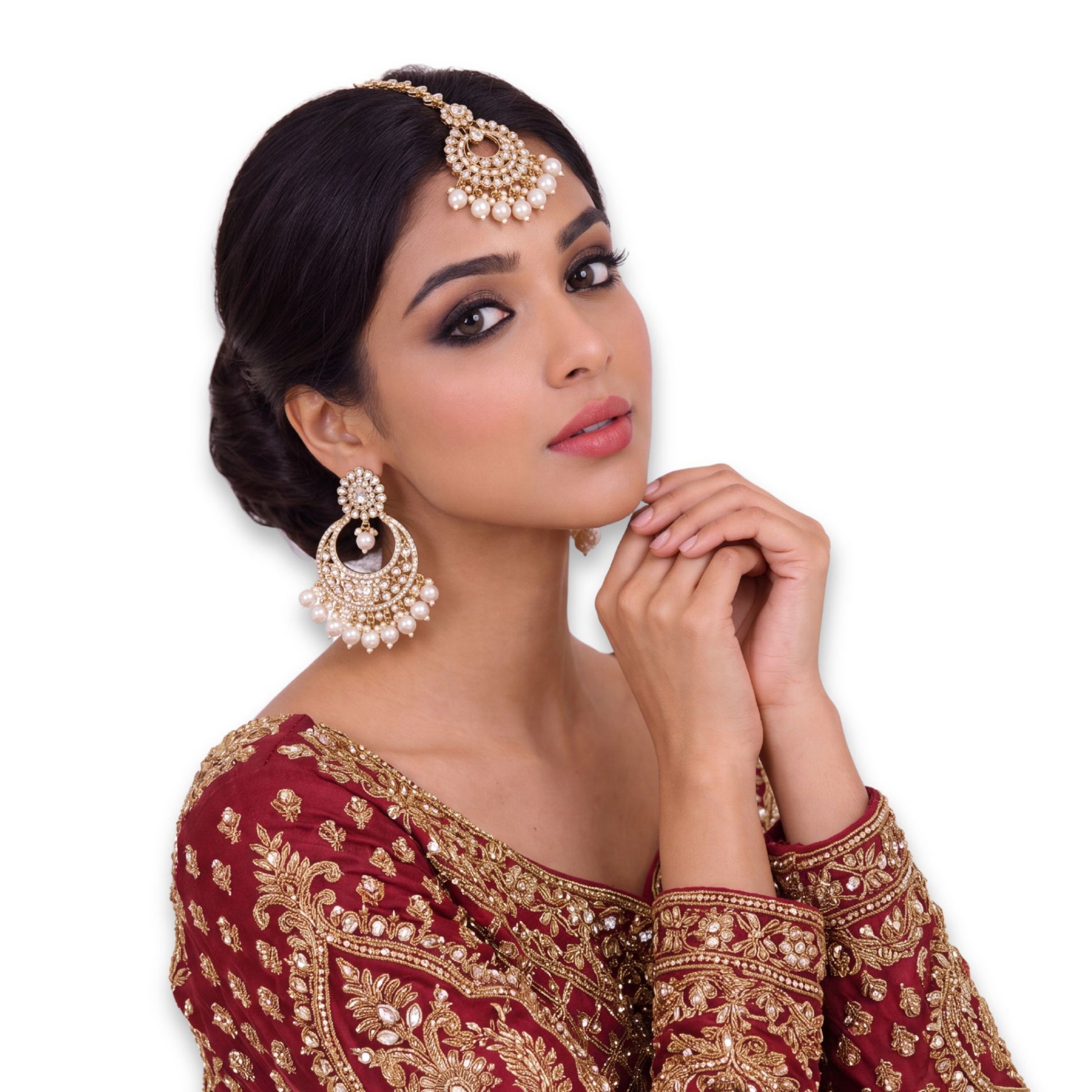 White Pearls Golden Earrings Tikka Jewellery Set 
