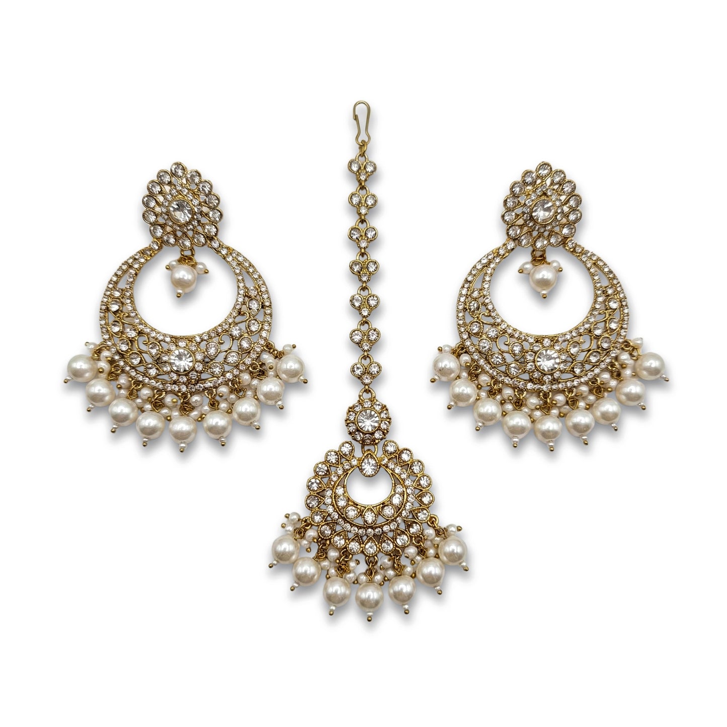 white pearls golden earrings tikka jewellery set 