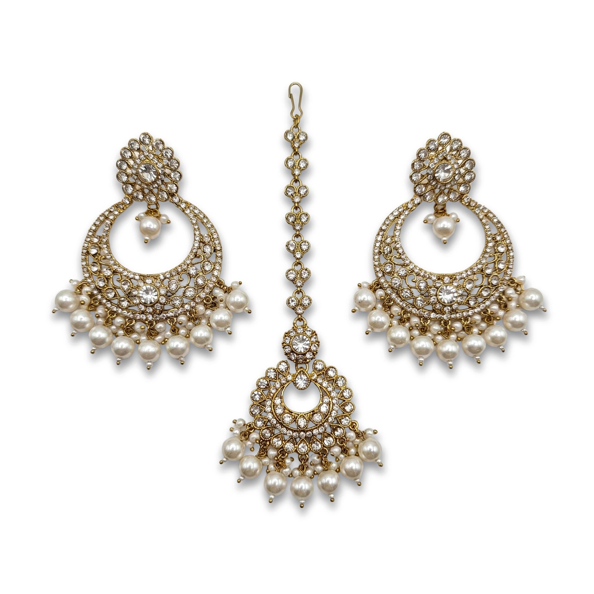 White Pearls Golden Earrings Tikka Jewellery Set 