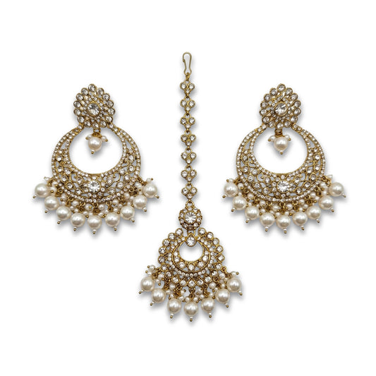 White Pearls Golden Earrings Tikka Jewellery Set 