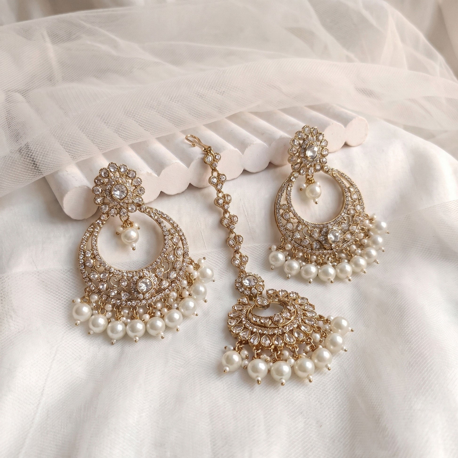 White Pearls Golden Earrings Tikka Jewellery Set 