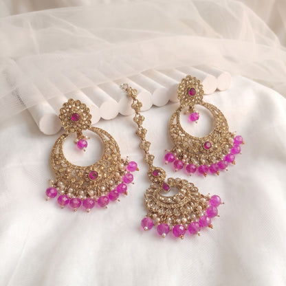 Pink earrings tikka set, shocking pink earrings, wedding jewellery, High quality Indian jewellery. suitable for wedding and parties