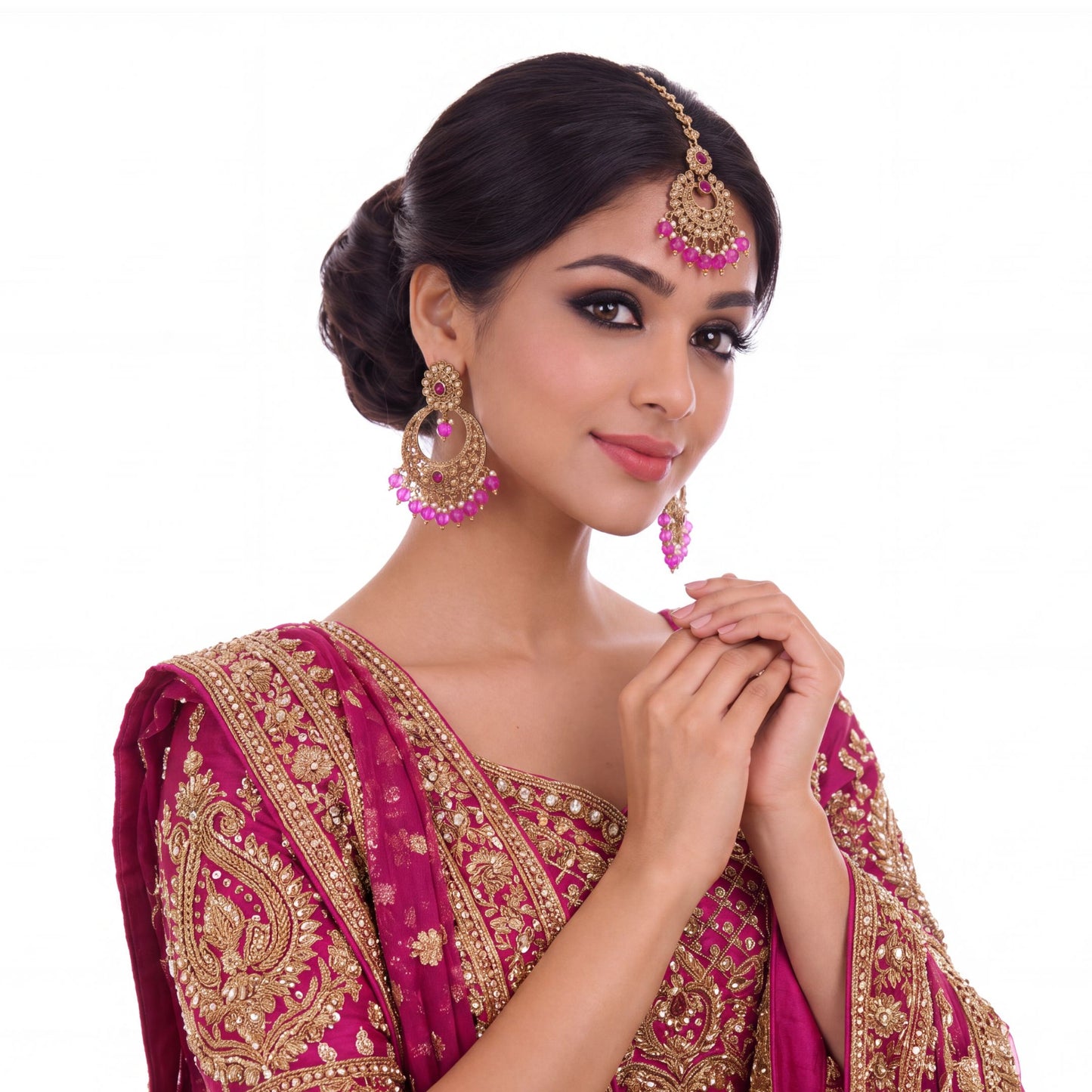 pink earrings tikka set, shocking pink earrings, wedding jewellery, high quality indian jewellery. suitable for wedding and parties