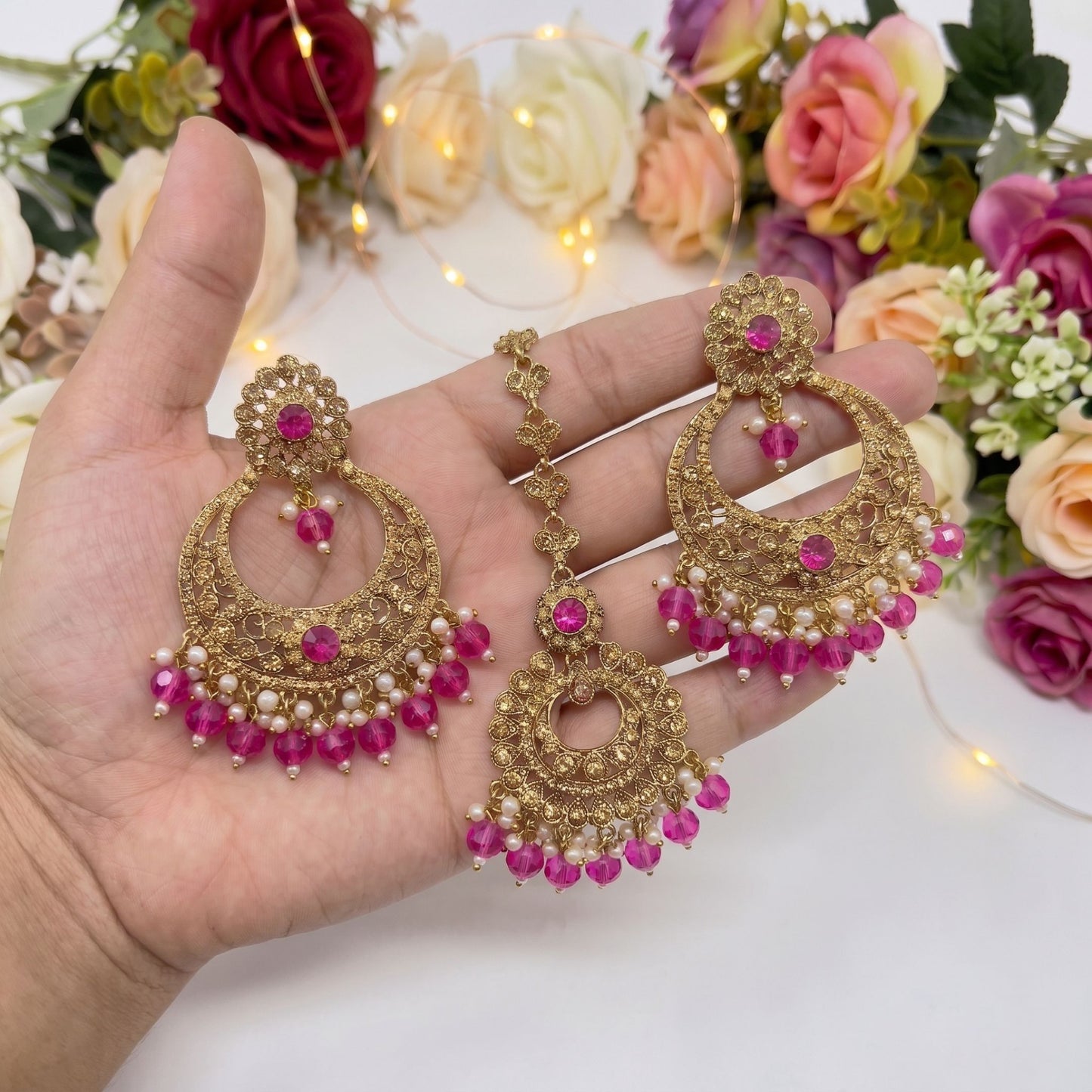 pink earrings tikka set, shocking pink earrings, wedding jewellery, high quality indian jewellery. suitable for wedding and parties