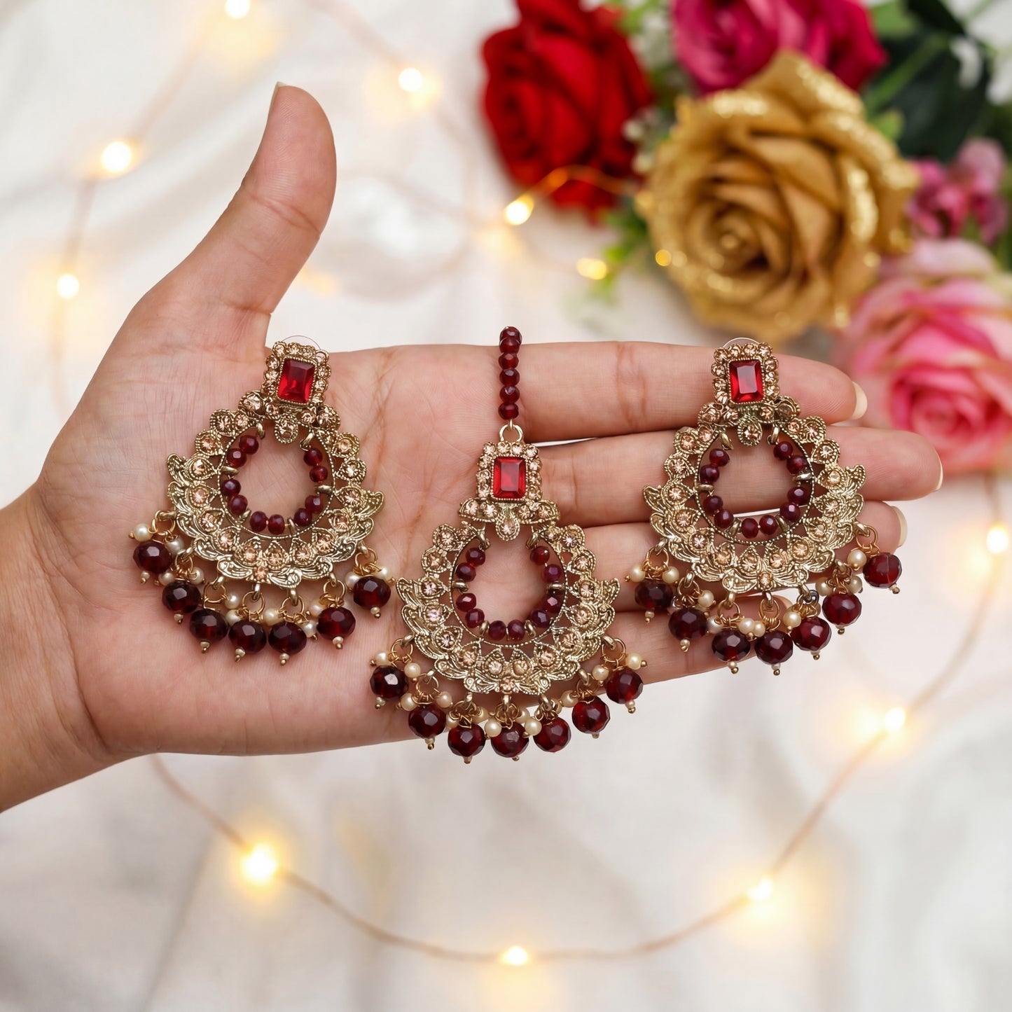 golden and maroon earrings, indian jewellery for wedding and parties