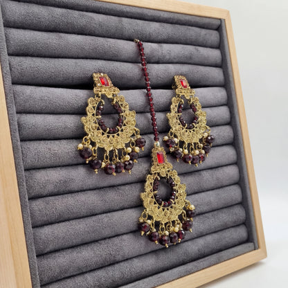 Golden and maroon earrings, Indian jewellery for wedding and parties