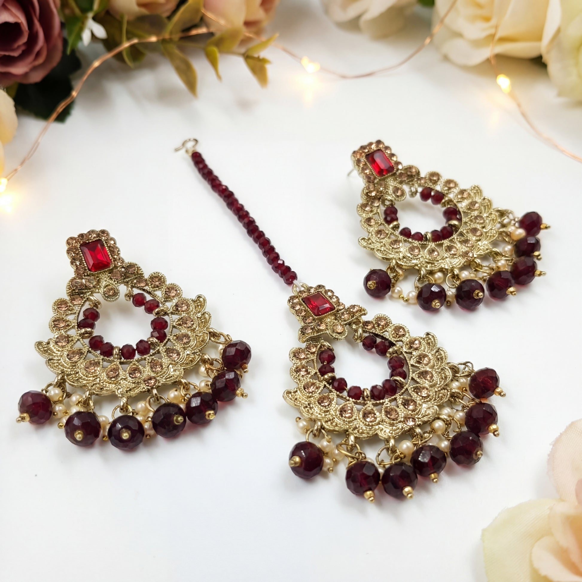 Golden and maroon earrings, Indian jewellery for wedding and parties