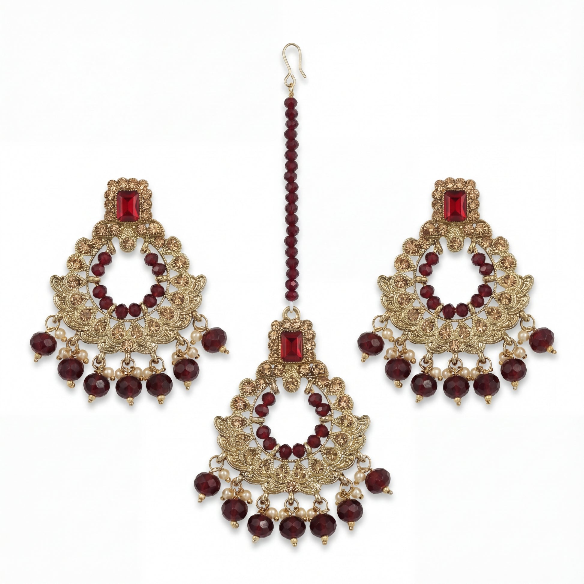 Golden and maroon earrings, Indian jewellery for wedding and parties