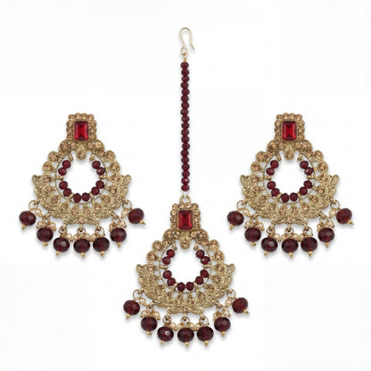 Golden and maroon earrings, Indian jewellery for wedding and parties