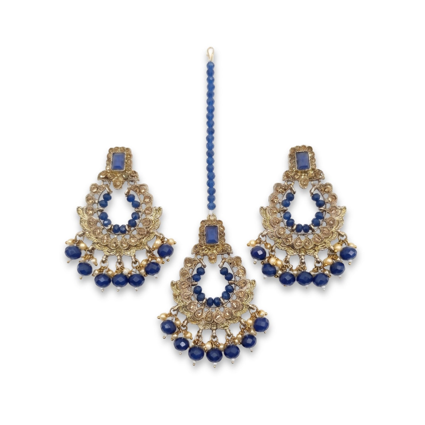 golden blue earrings tikka wedding jewellery, high quality indian jewellery. suitable for wedding and parties
