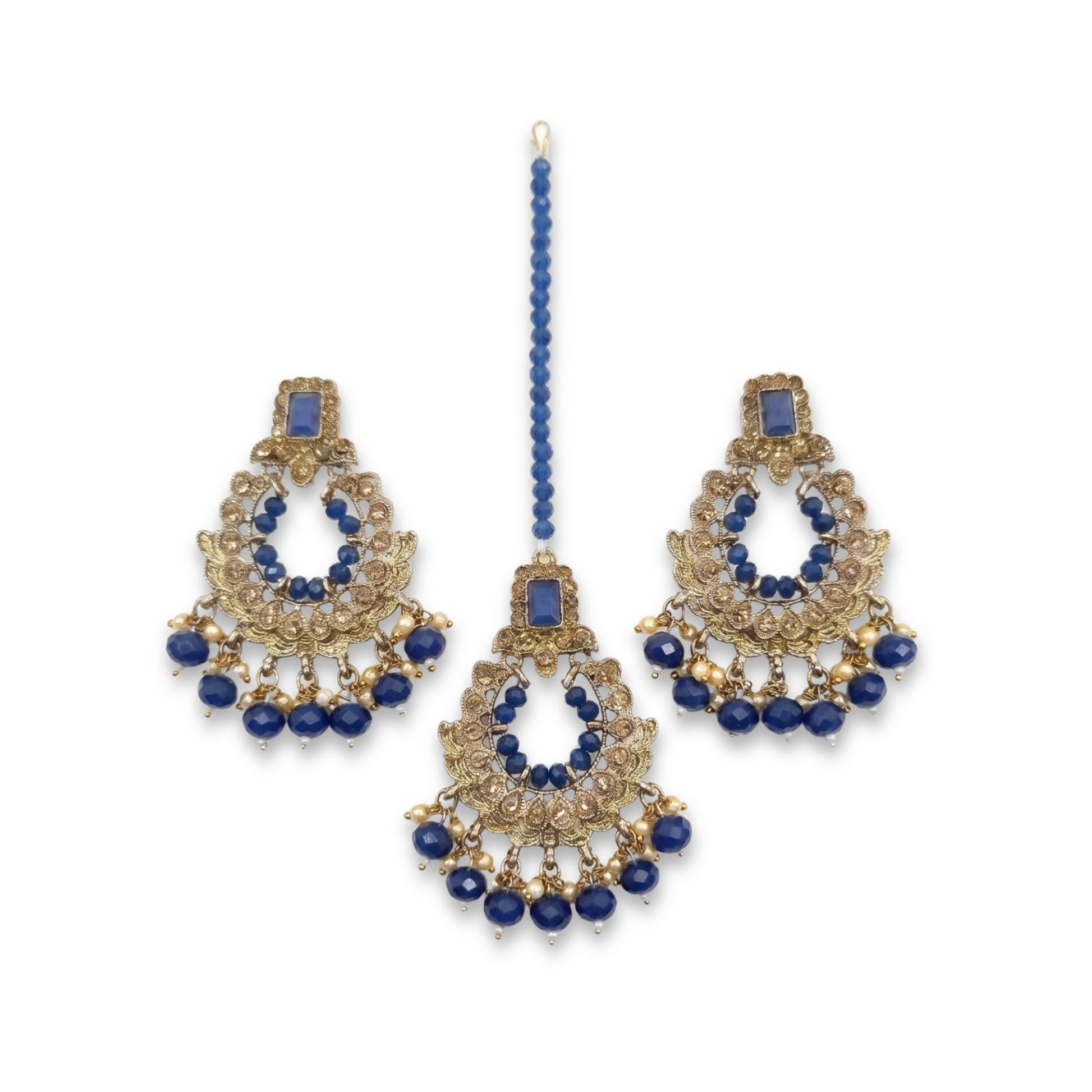 Golden Blue earrings tikka wedding jewellery, High quality Indian jewellery. suitable for wedding and parties