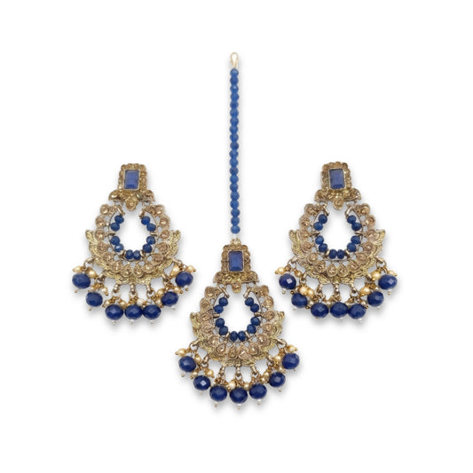 Golden Blue earrings tikka wedding jewellery, High quality Indian jewellery. suitable for wedding and parties