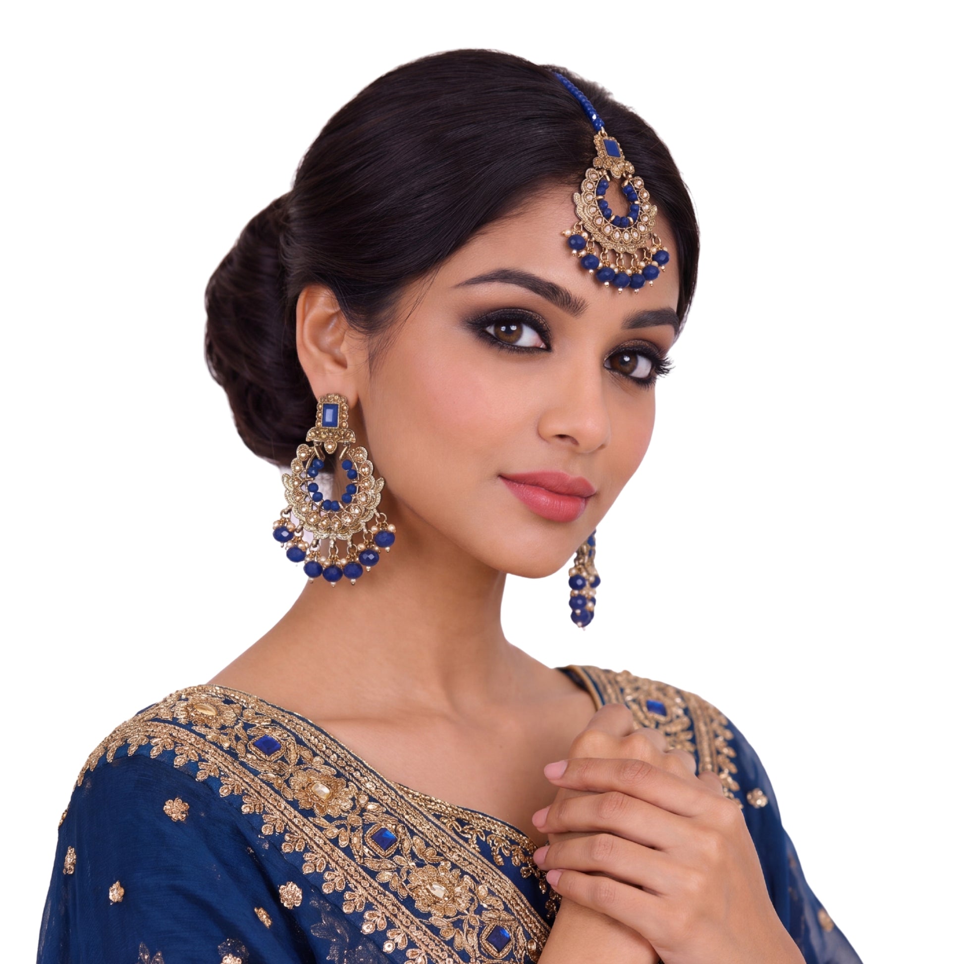 Golden Blue earrings tikka wedding jewellery, High quality Indian jewellery. suitable for wedding and parties