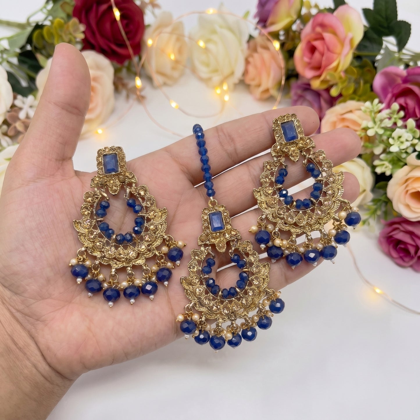 golden blue earrings tikka wedding jewellery, high quality indian jewellery. suitable for wedding and parties