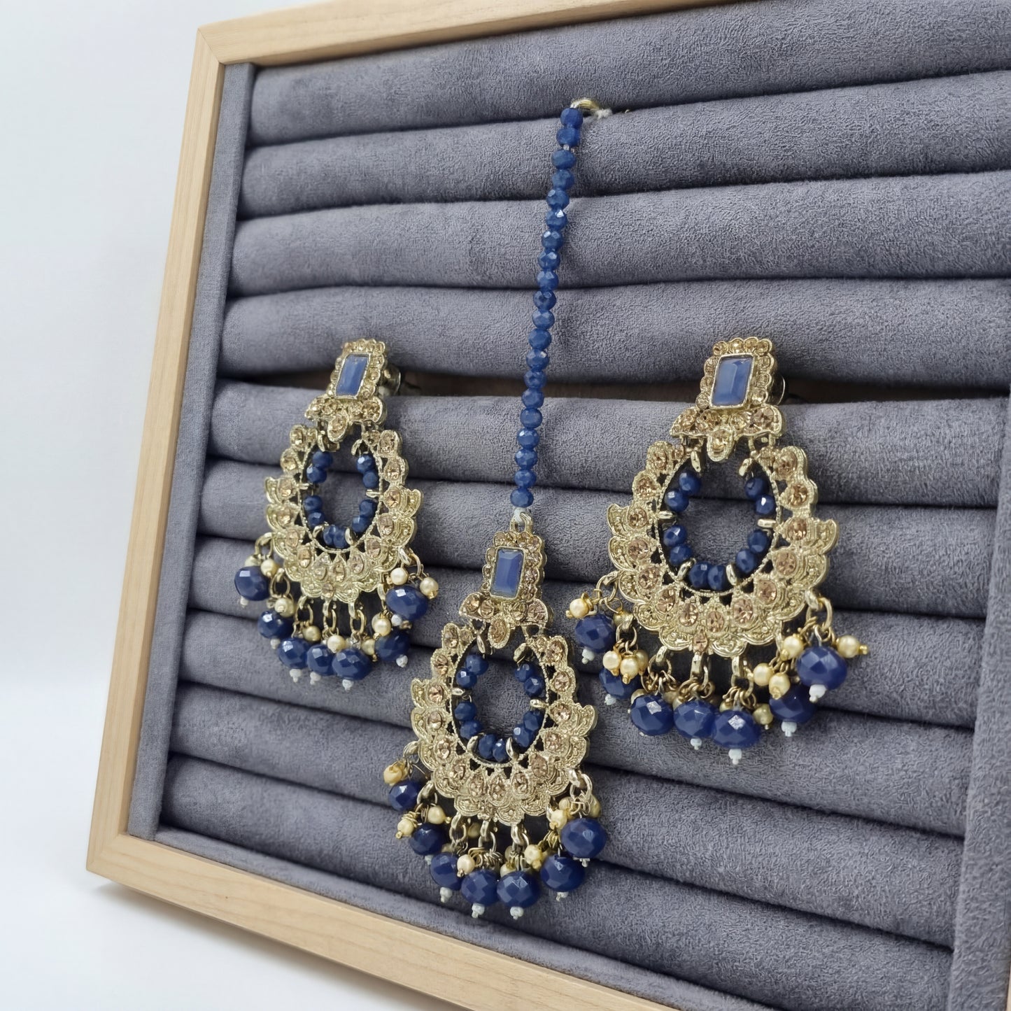 golden blue earrings tikka wedding jewellery, high quality indian jewellery. suitable for wedding and parties