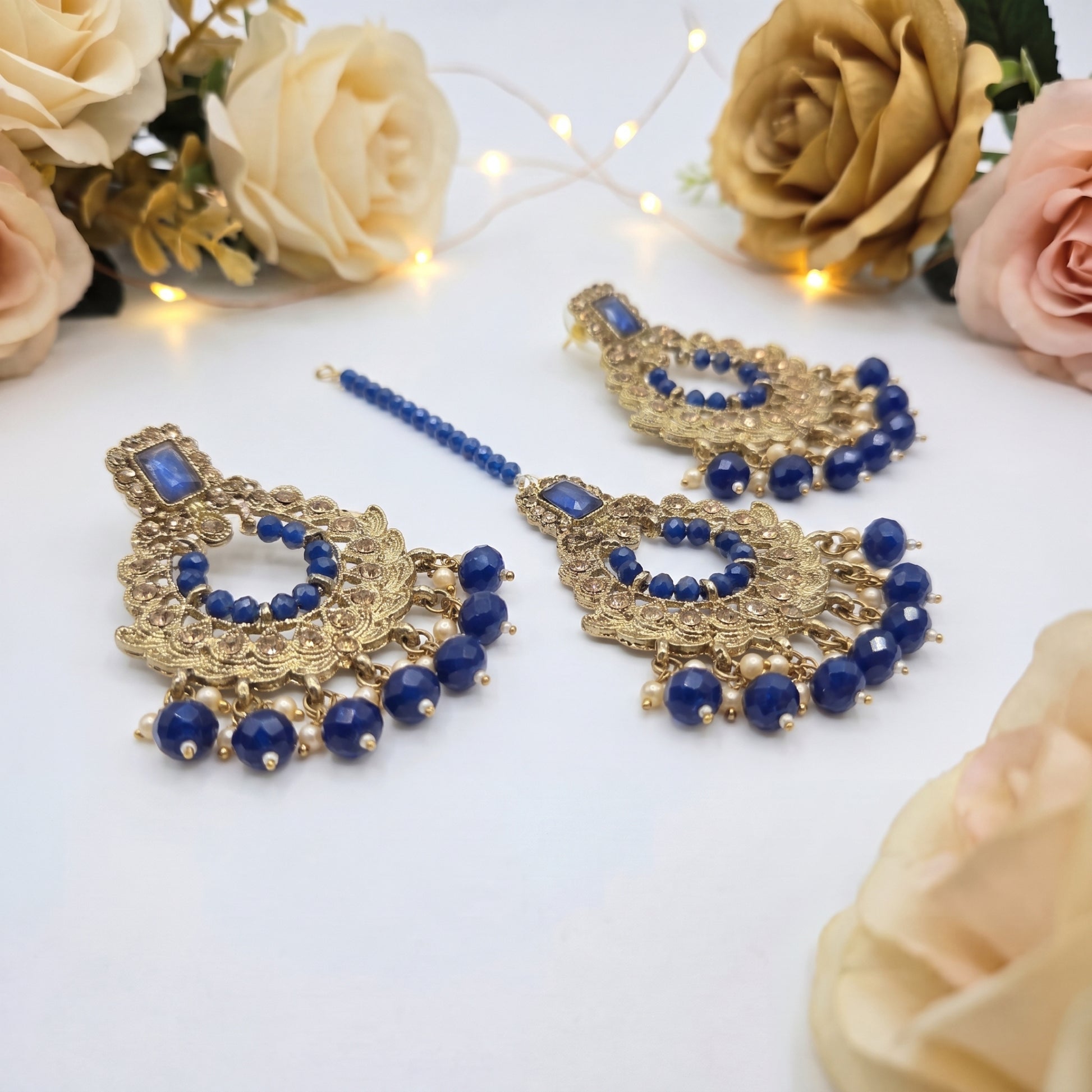 Golden Blue earrings tikka wedding jewellery, High quality Indian jewellery. suitable for wedding and parties