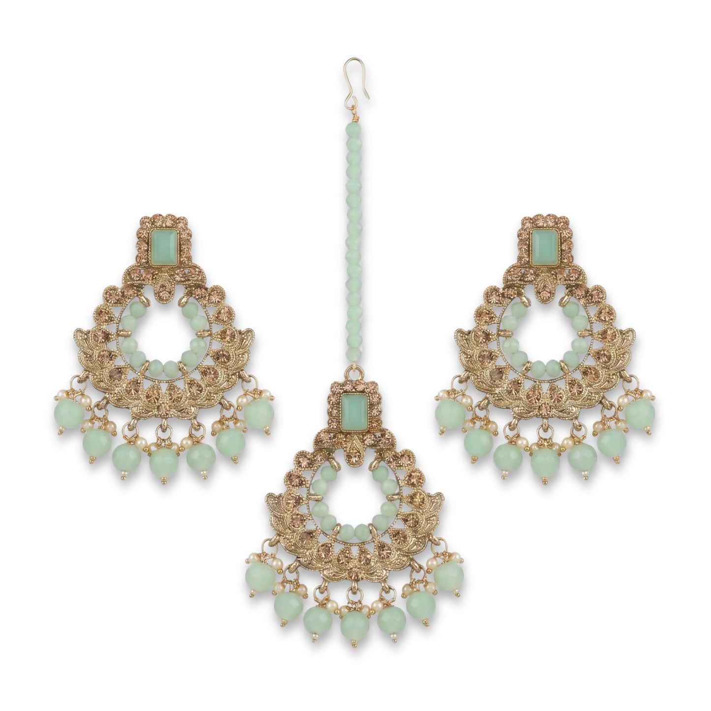 golden and light green earrings tikka set