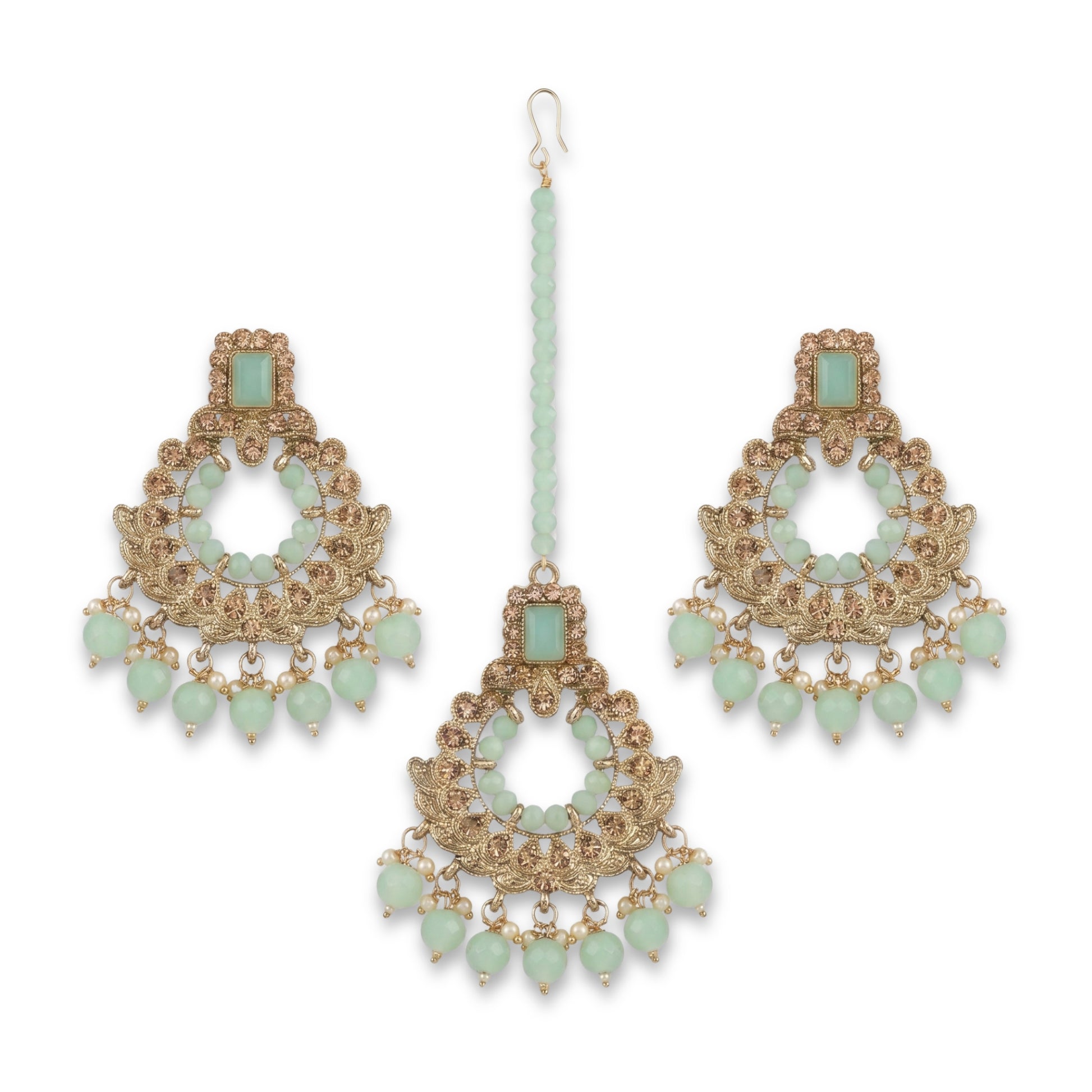 Golden and Light Green Earrings Tikka Set