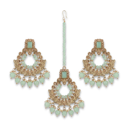 Golden and Light Green Earrings Tikka Set