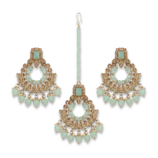 Golden and Light Green Earrings Tikka Set