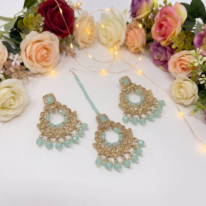 Golden and Light Green Earrings Tikka Set