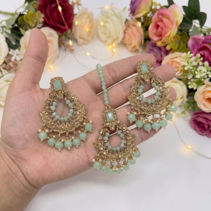 Golden and Light Green Earrings Tikka Set