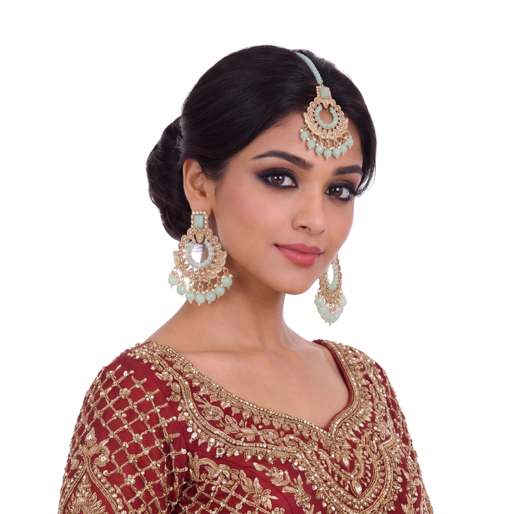 Golden and Light Green Earrings Tikka Set