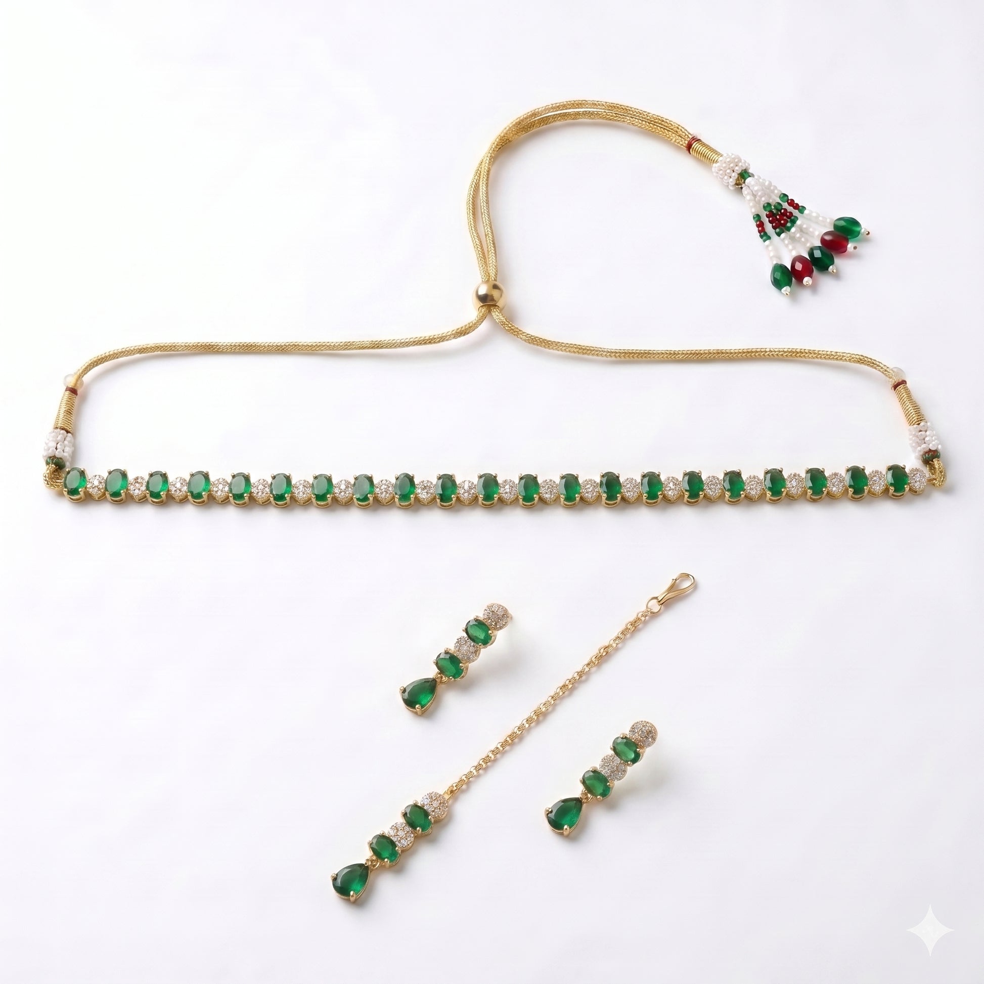 Green Choker Necklace Set with Earrings and Tikka displayed together showing rich detailing