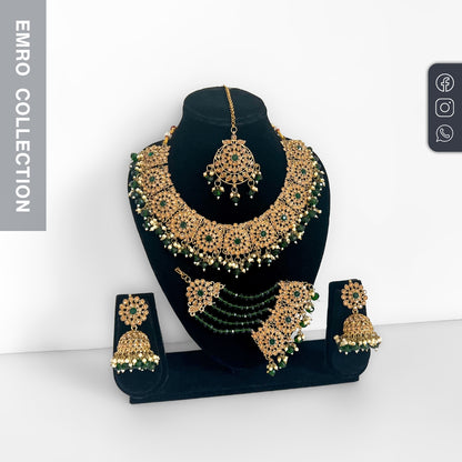 Handcrafted green necklace set with earrings, tikka, and jhoomar, perfect for Indian party wear and festive occasions