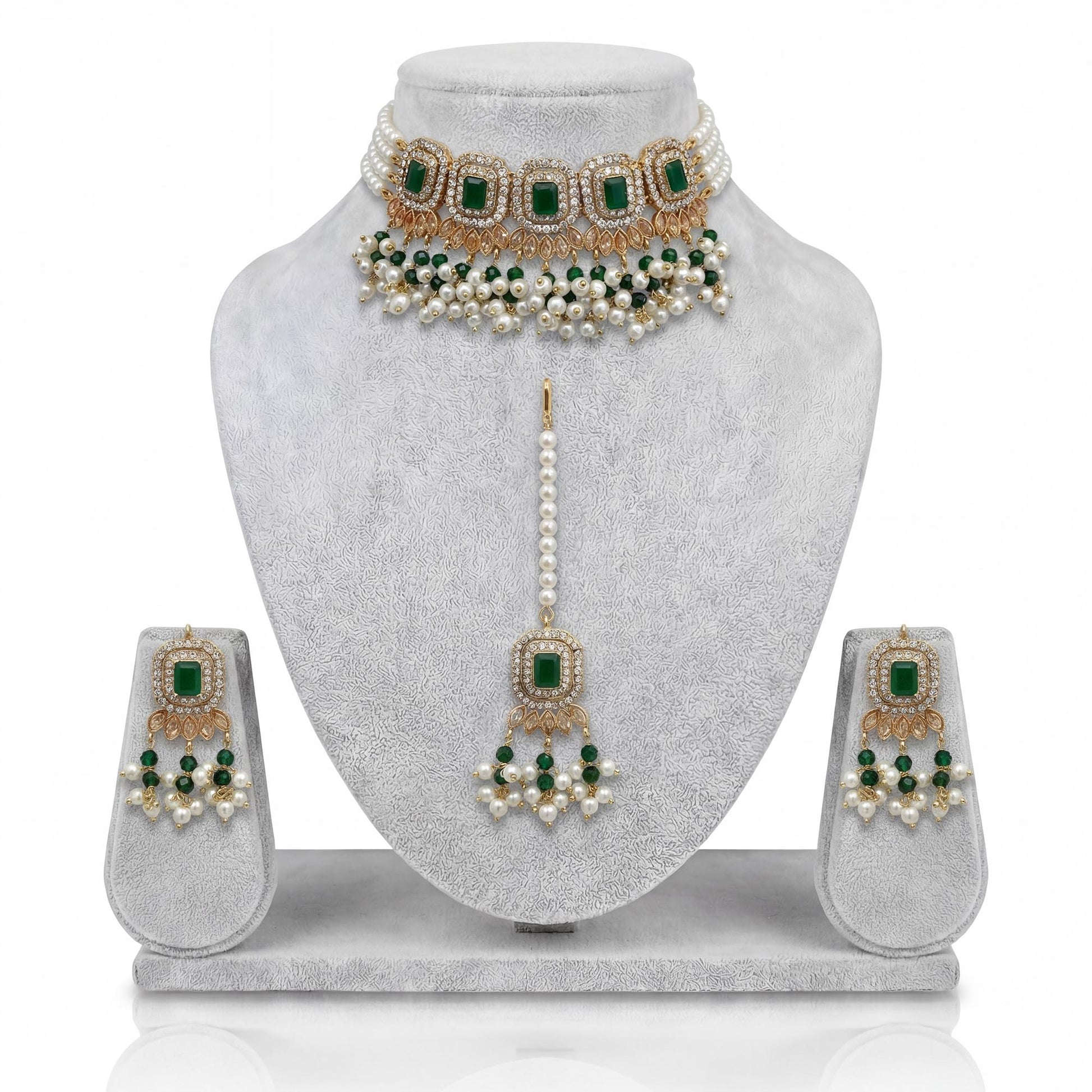 Pakistani Green Bridal Choker Set – Wedding Jewellery with Earrings & Tikka