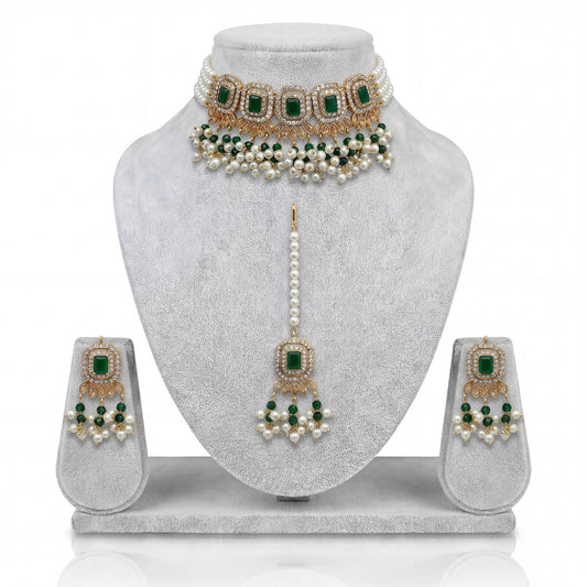 Pakistani Green Bridal Choker Set – Wedding Jewellery with Earrings & Tikka