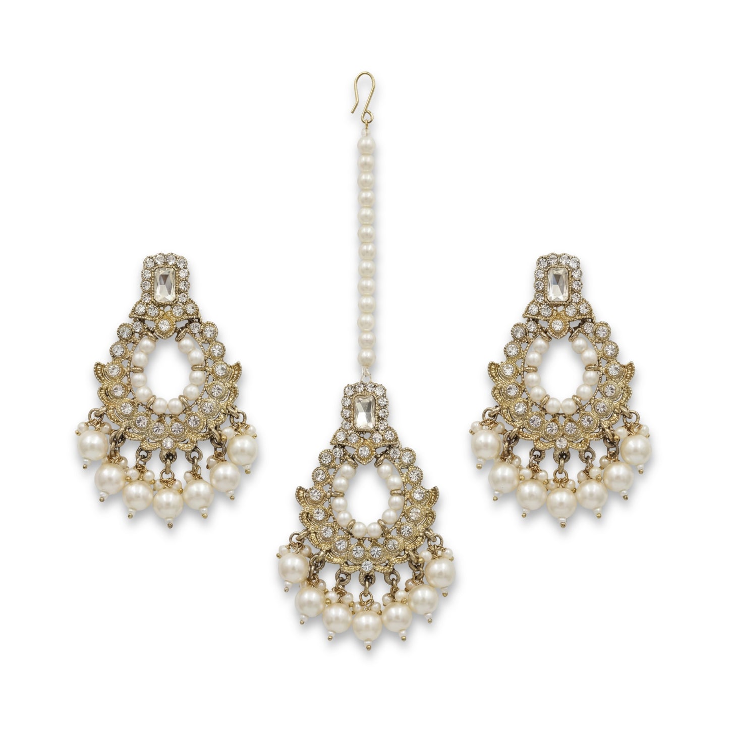golden and white pearls earrings maang tikka set