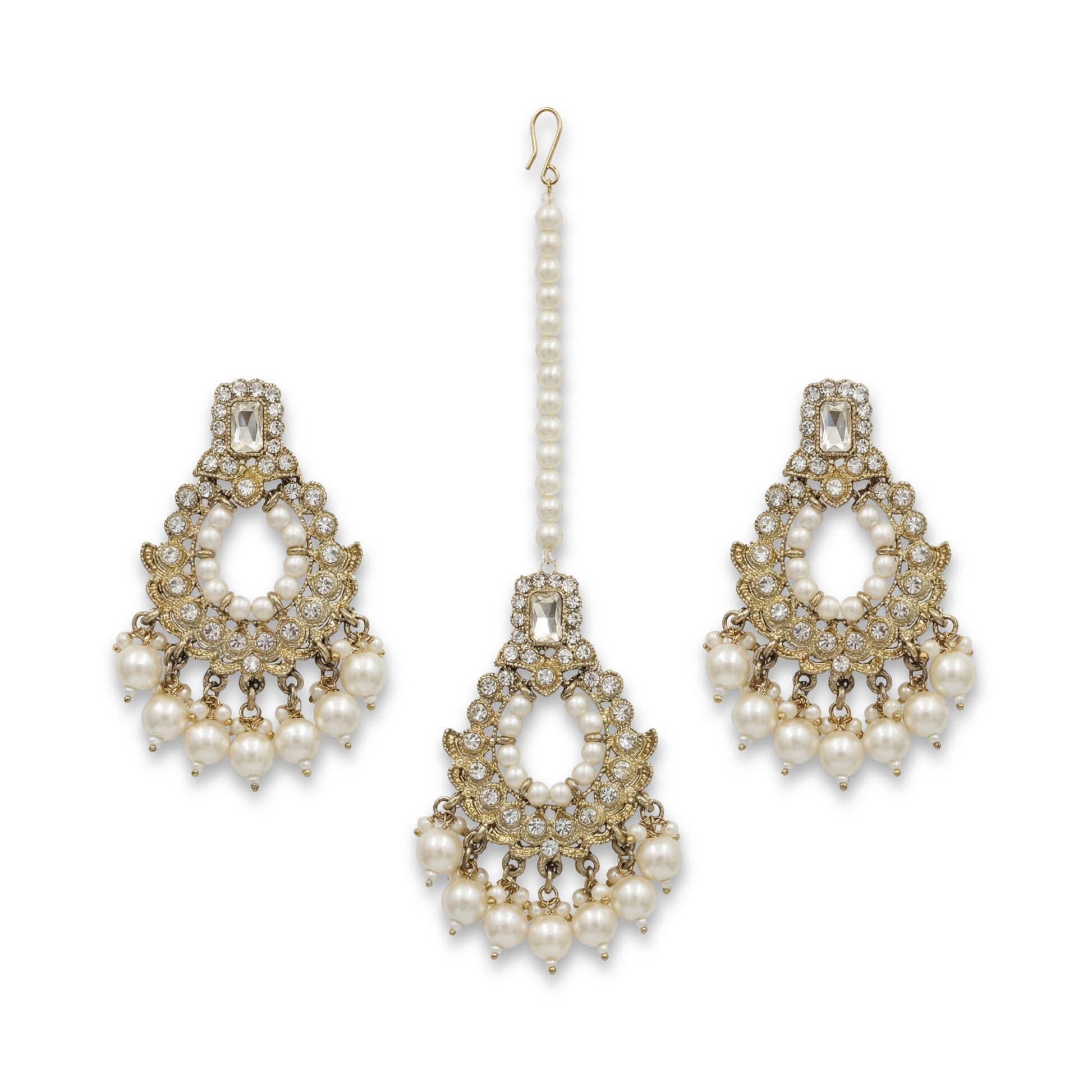 Golden and white pearls earrings maang tikka set