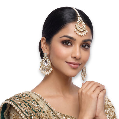 Golden and white pearls earrings maang tikka set