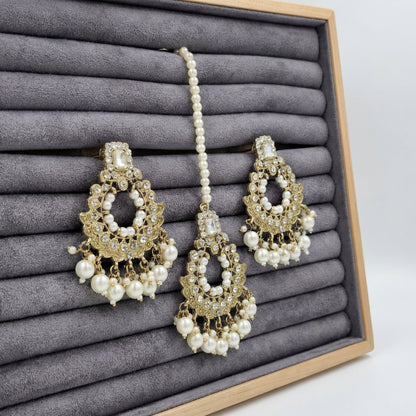 Golden and white pearls earrings maang tikka set